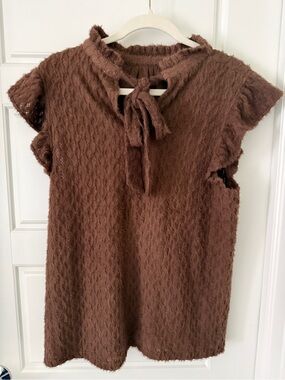 NWT VOY Brown Fuzzy Textured Flutter Sleeve Tie Neck Top Large
